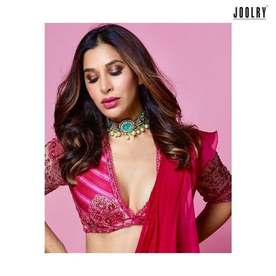 Sophie Choudry in Flourite and semi-precious stone choker with earrings