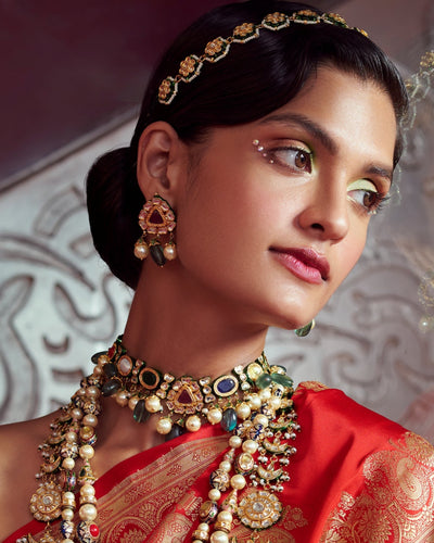 Navratna Pearl And Florite Drop Necklace set