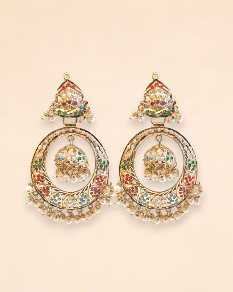 Navratna Jhumka Chandbali Earrings