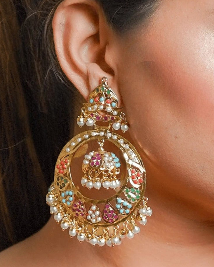 Navratna Jhumka Chandbali Earrings