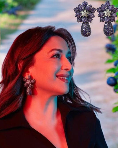 Madhuri Dixit in Purple Floral Drop Earrings